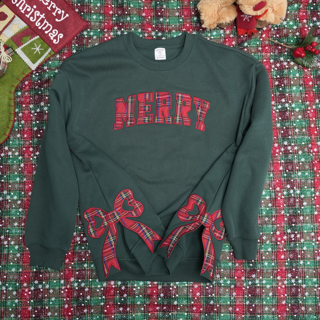 Plaid Christmas Sweatshirt, Merry Side Bow Cut-Out Sweatshirt