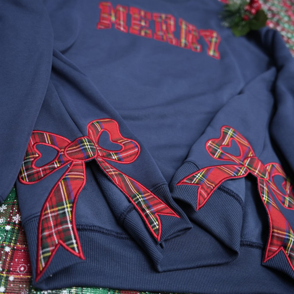 Plaid Christmas Sweatshirt, Merry Side Bow Cut-Out Sweatshirt