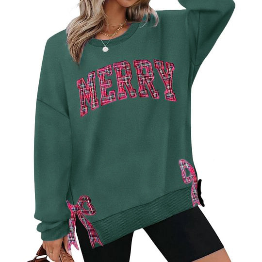 Plaid Christmas Sweatshirt, Merry Side Bow Cut-Out Sweatshirt