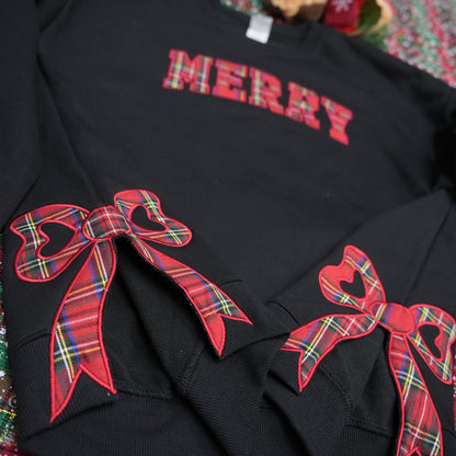 Plaid Christmas Sweatshirt, Merry Side Bow Cut-Out Sweatshirt