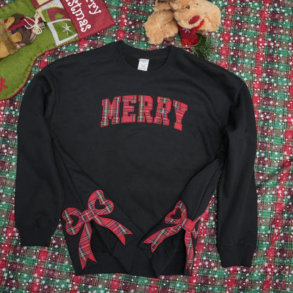 Plaid Christmas Sweatshirt, Merry Side Bow Cut-Out Sweatshirt