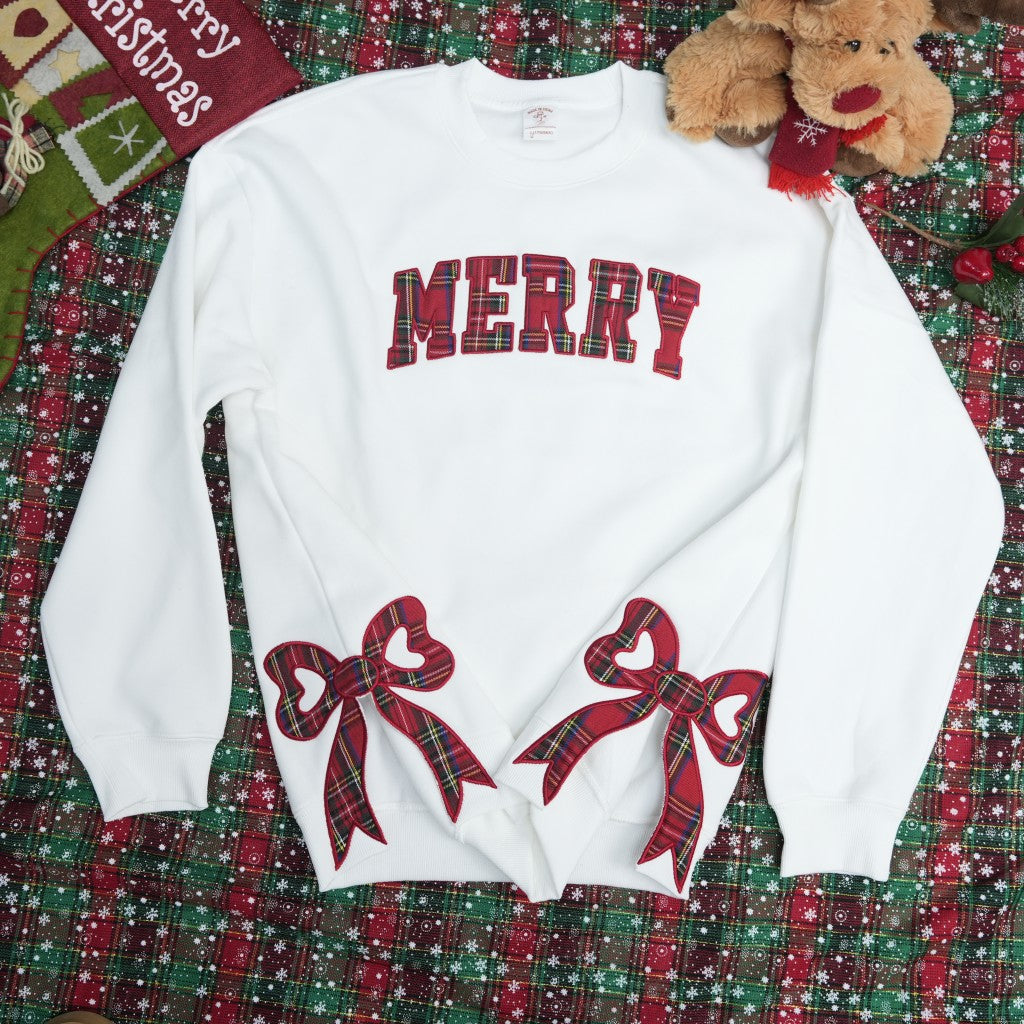 Plaid Christmas Sweatshirt, Merry Side Bow Cut-Out Sweatshirt