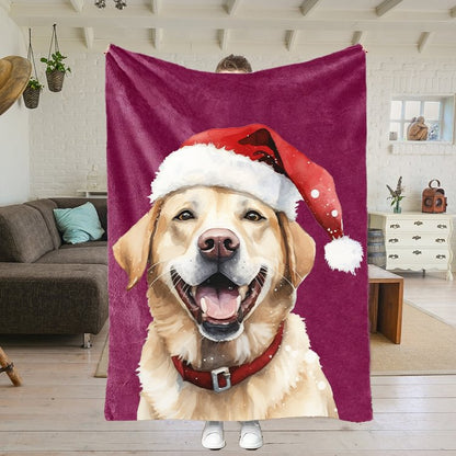 Custom Christmas Pet Portrait Blanket with Santa Hat & Snowflakes