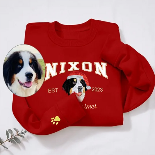 Embroidered Pet Portrait and EST Year Sweatshirt With Christmas Hat