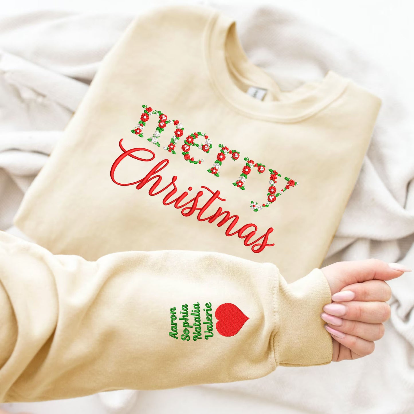 Merry Christmas Floral Embroidered Sweatshirt with Kids Names