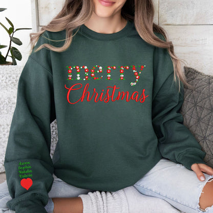 Merry Christmas Floral Embroidered Sweatshirt with Kids Names