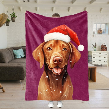 Custom Christmas Pet Portrait Blanket with Santa Hat & Snowflakes