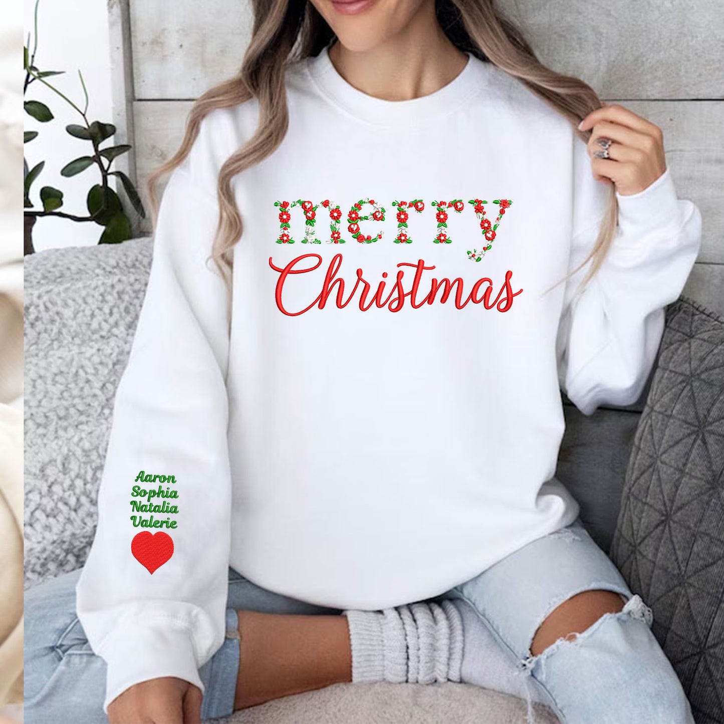 Merry Christmas Floral Embroidered Sweatshirt with Kids Names