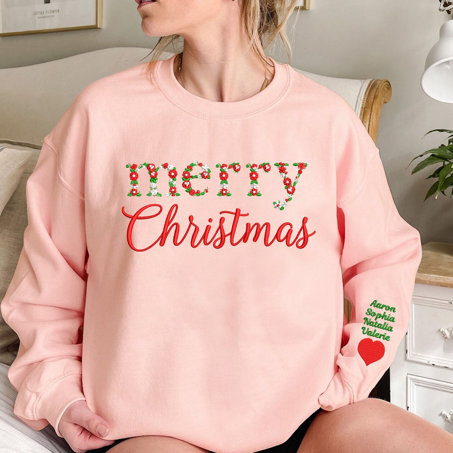 Merry Christmas Floral Embroidered Sweatshirt with Kids Names