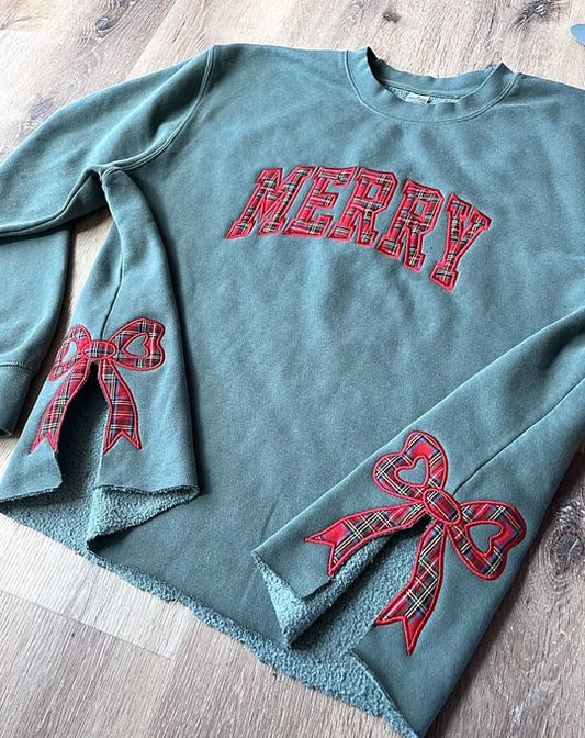 Merry Side Bow Cut-Out Sweatshirt, Plaid Christmas Pullover