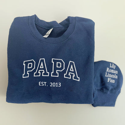 Personalized Dad Grandpa Embroidered Sweatshirt With Kids Names On Sleeve