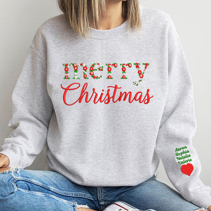 Merry Christmas Floral Embroidered Sweatshirt with Kids Names