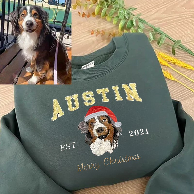 Embroidered Pet Portrait and EST Year Sweatshirt With Christmas Hat