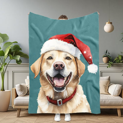 Custom Christmas Pet Portrait Blanket with Santa Hat & Snowflakes