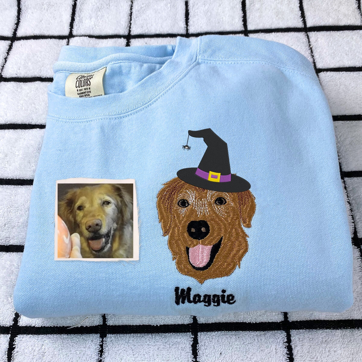 Custom Embroidered Pet Portrait with Halloween Witch Hat Portrait Sweatshirt or Hoodie