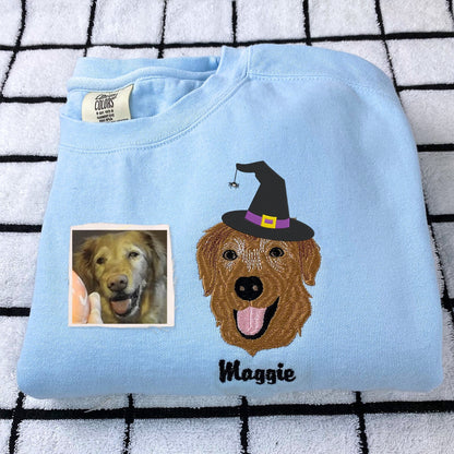 Custom Embroidered Pet Portrait with Halloween Witch Hat Portrait Sweatshirt or Hoodie