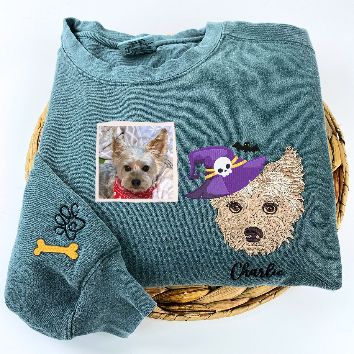 Custom Embroidered Pet Portrait with Halloween Witch Hat Portrait Sweatshirt or Hoodie