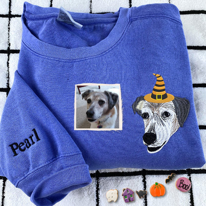 Custom Embroidered Pet Portrait with Halloween Witch Hat Portrait Sweatshirt or Hoodie