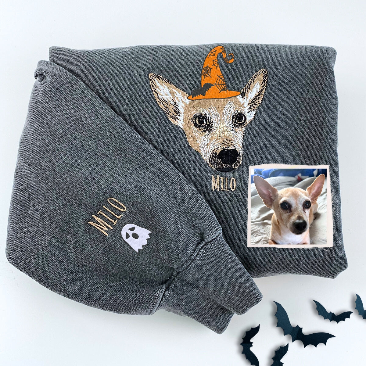 Custom Embroidered Pet Portrait with Halloween Witch Hat Portrait Sweatshirt or Hoodie