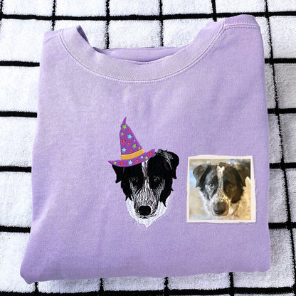 Custom Embroidered Pet Portrait with Halloween Witch Hat Portrait Sweatshirt or Hoodie