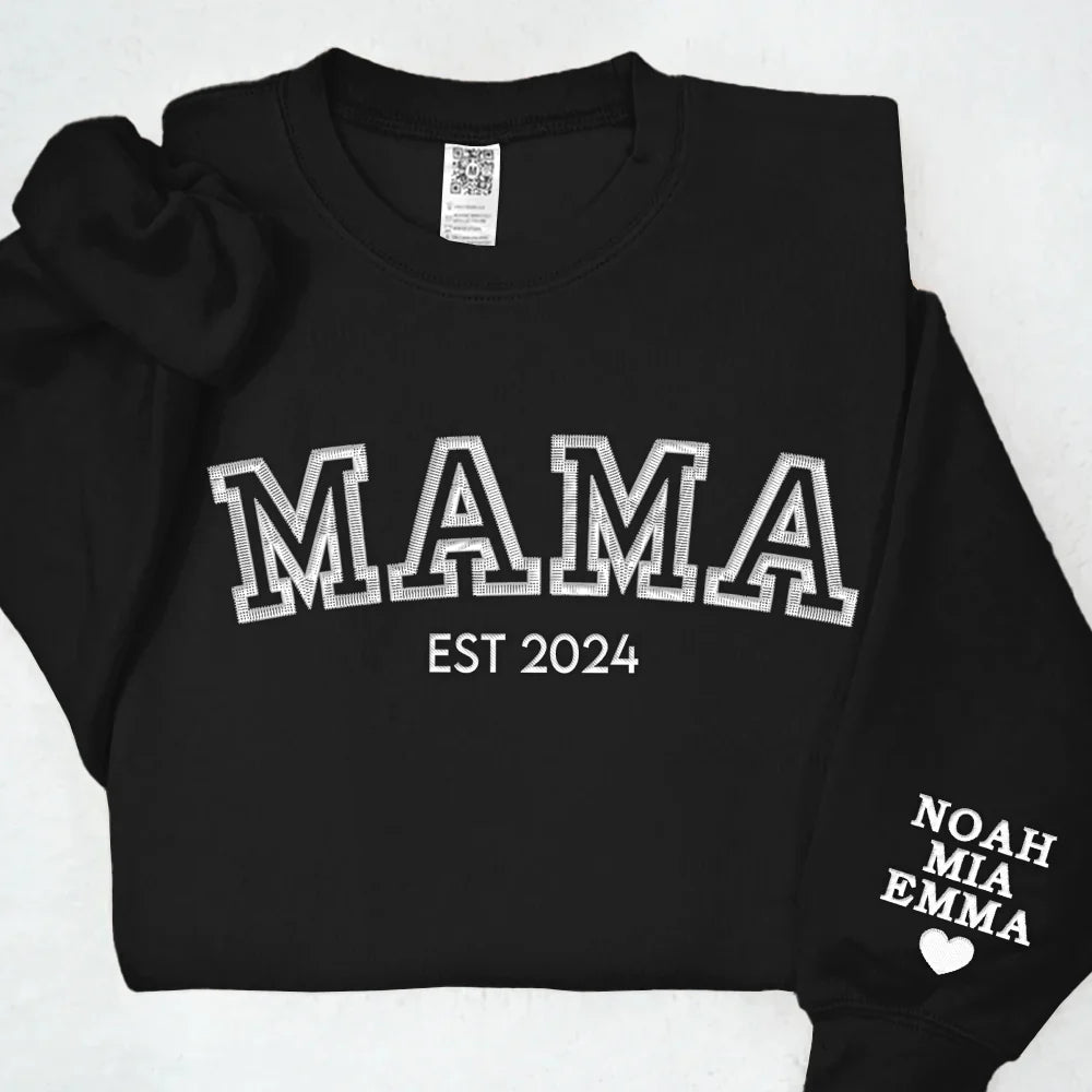 Personalized Mama Embroidered Sweatshirt With Kid Names On Sleeve