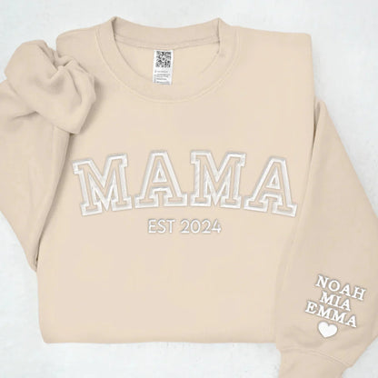 Personalized Mama Embroidered Sweatshirt With Kid Names On Sleeve