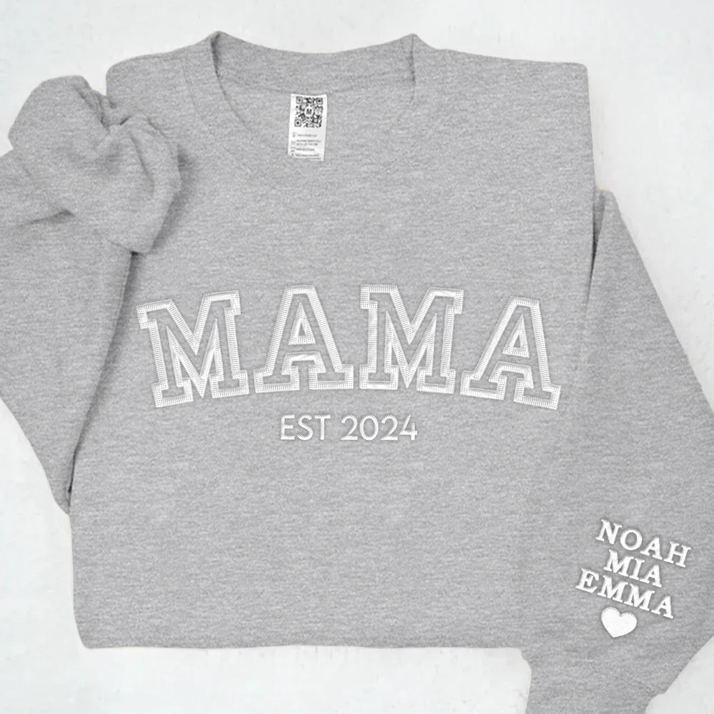 Personalized Mama Embroidered Sweatshirt With Kid Names On Sleeve