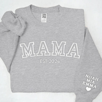 Personalized Mama Embroidered Sweatshirt With Kid Names On Sleeve