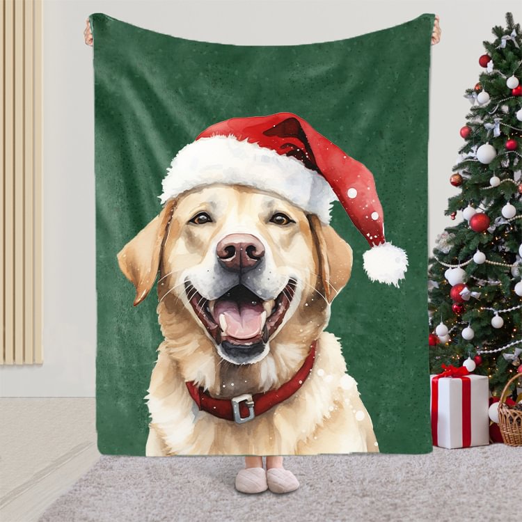 Custom Christmas Pet Portrait Blanket with Santa Hat & Snowflakes