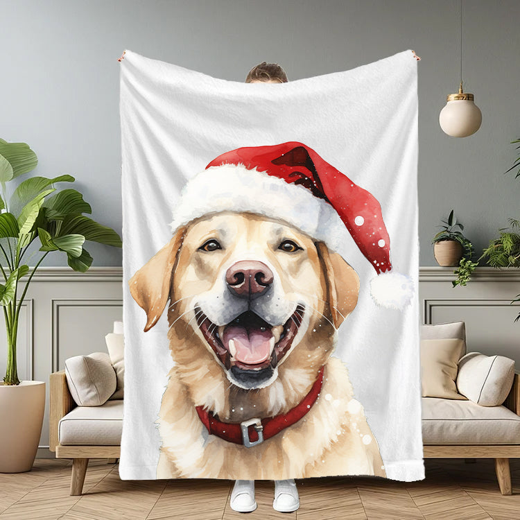 Custom Christmas Pet Portrait Blanket with Santa Hat & Snowflakes