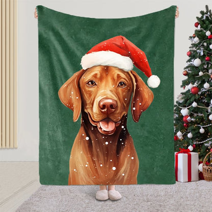 Custom Christmas Pet Portrait Blanket with Santa Hat & Snowflakes