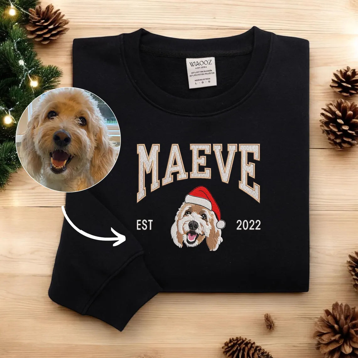 Embroidered Pet Portrait and EST Year Sweatshirt With Christmas Hat