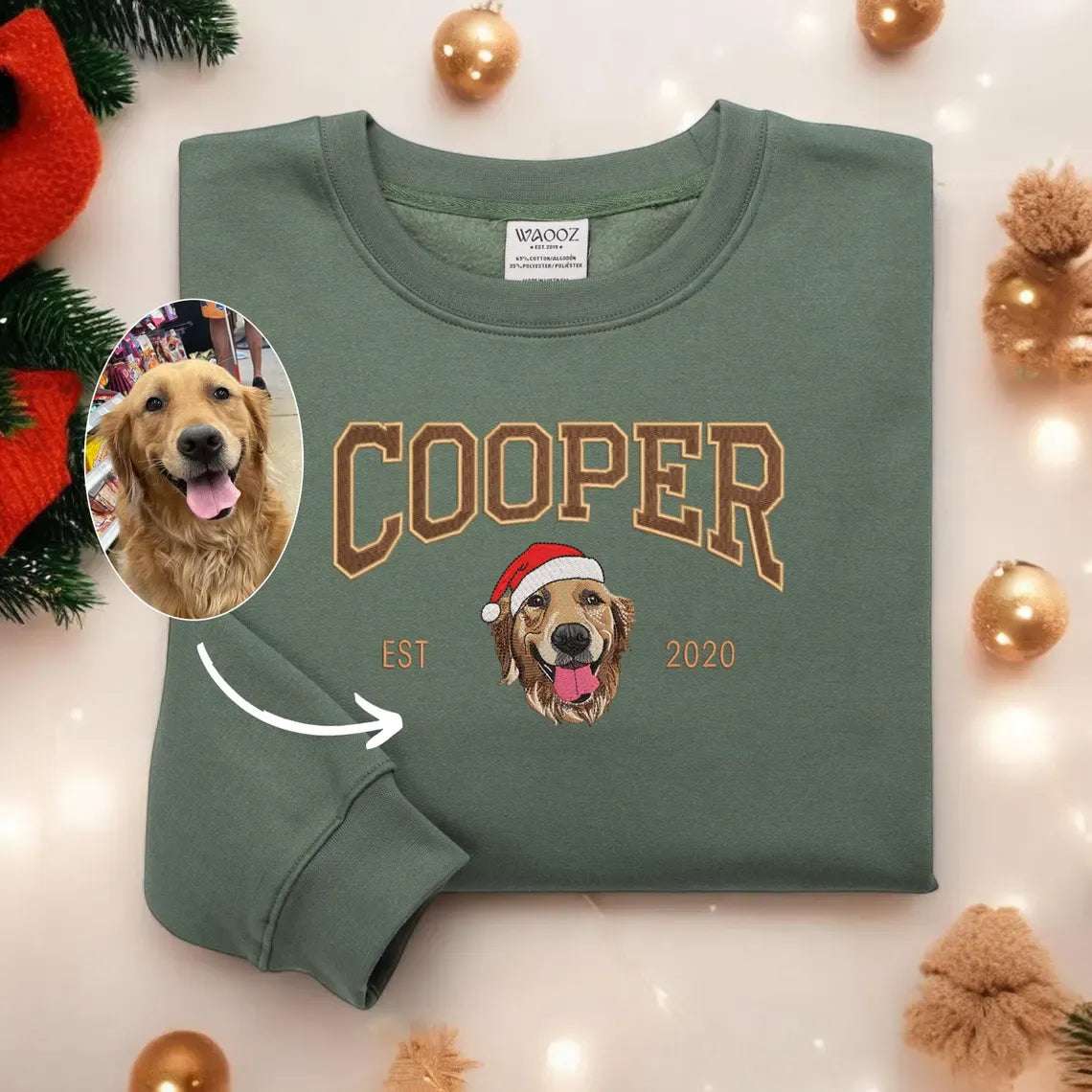 Embroidered Pet Portrait and EST Year Sweatshirt With Christmas Hat