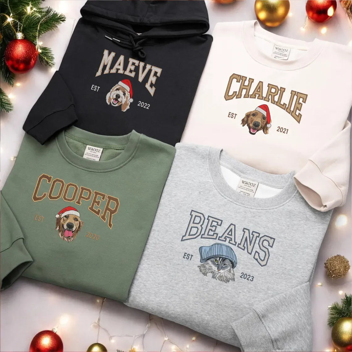 Embroidered Pet Portrait and EST Year Sweatshirt With Christmas Hat