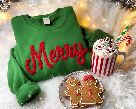 MERRY Christmas Sweatshirt Custom Embroidered Chenille YARN Sweatshirt