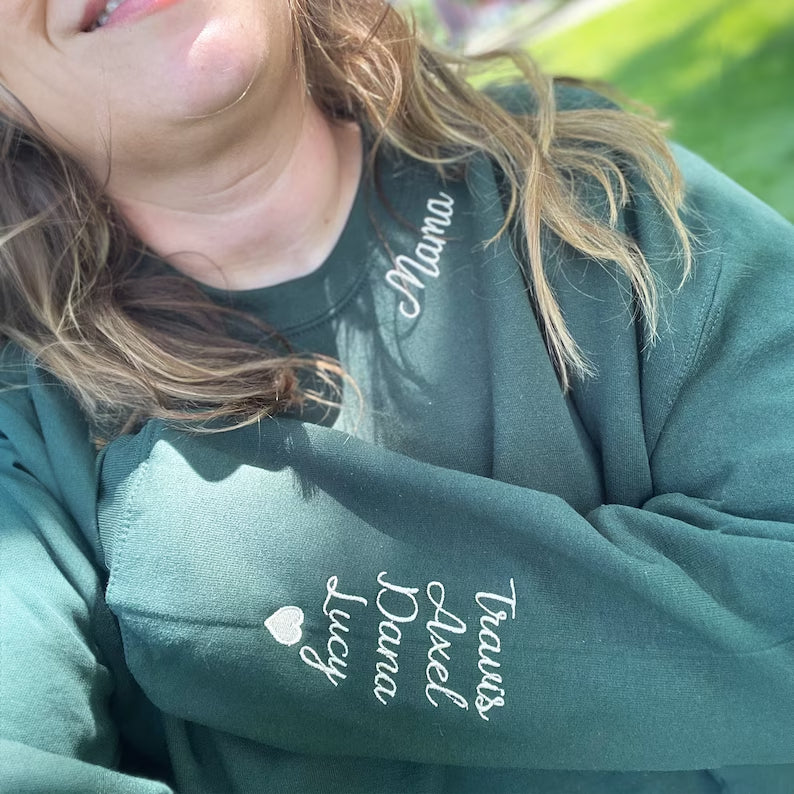 Custom Mama Embroidered Sweatshirt with Kids Names sleeve Personalized Mother's Day Gift