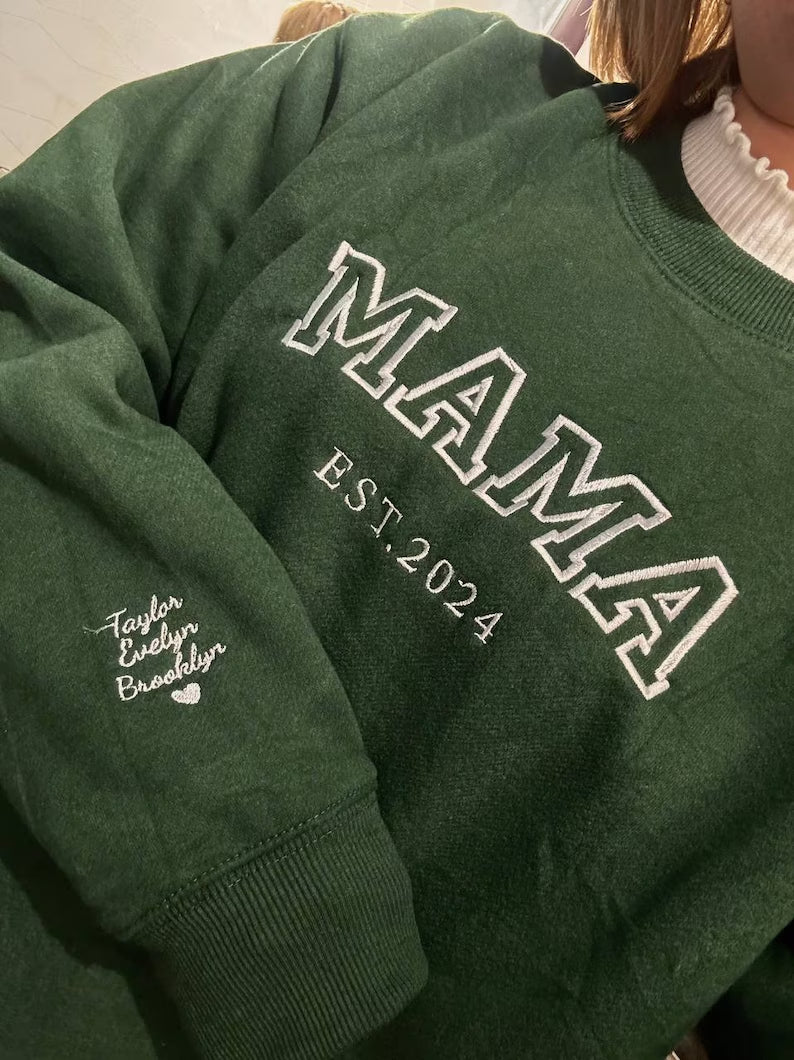 Personalized Mama Embroidered Sweatshirt With Kid Names On Sleeve