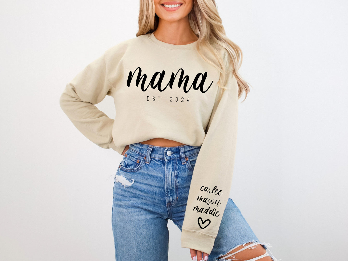 Mama EST 2024 PNG SVG Print Tops, Personalize Names on Sleeve