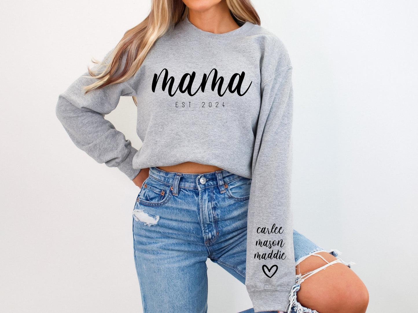 Mama EST 2024 PNG SVG Print Tops, Personalize Names on Sleeve