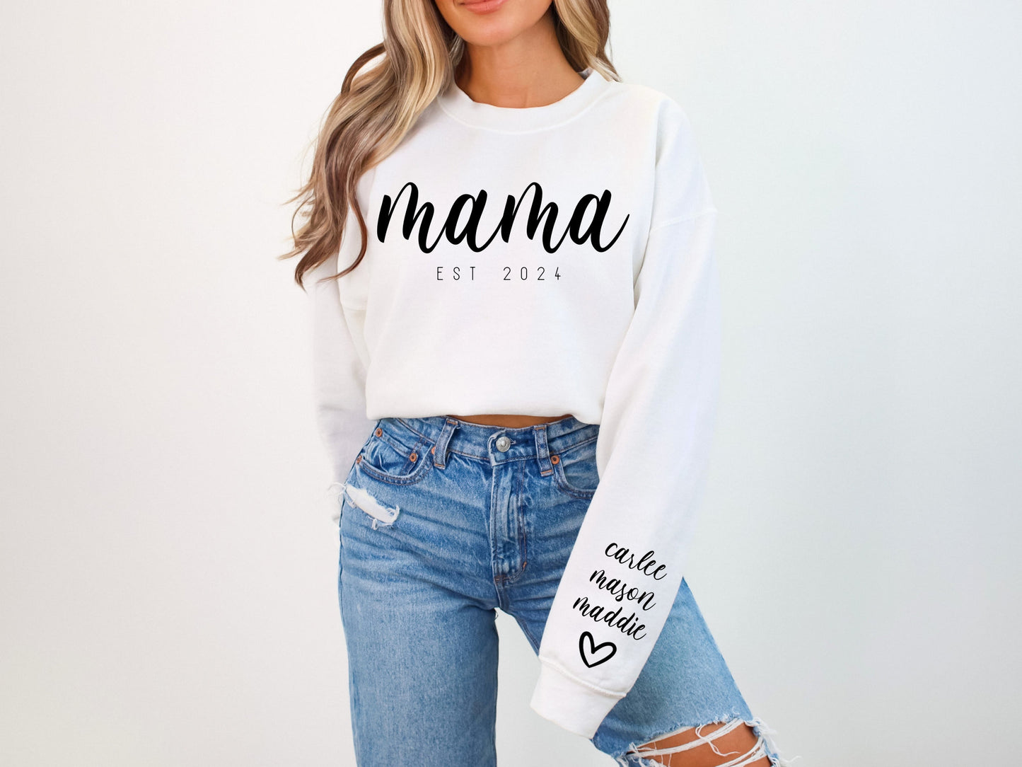 Mama EST 2024 PNG SVG Print Tops, Personalize Names on Sleeve