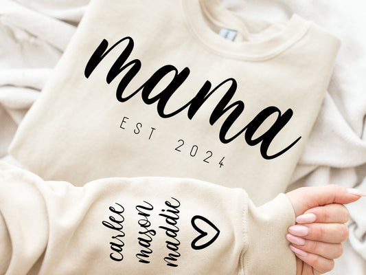 Mama EST 2024 PNG SVG Print Tops, Personalize Names on Sleeve