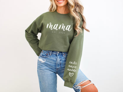 Mama EST 2024 PNG SVG Print Tops, Personalize Names on Sleeve