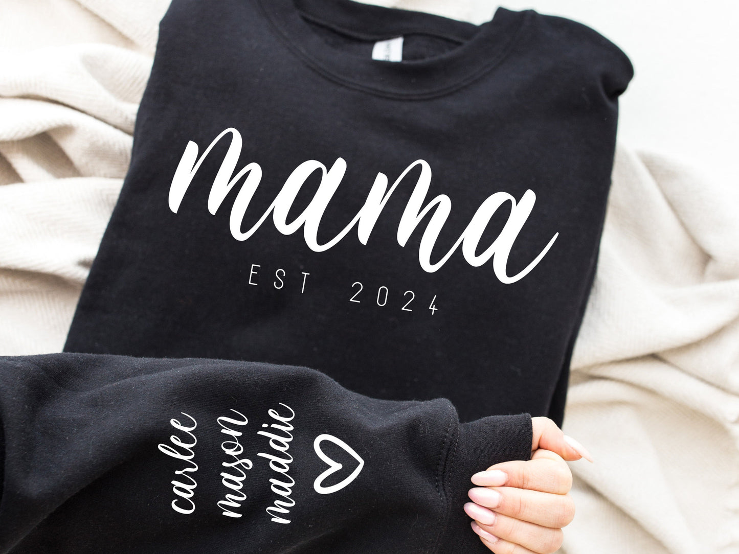 Mama EST 2024 PNG SVG Print Tops, Personalize Names on Sleeve