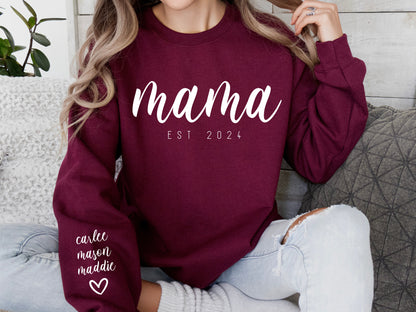 Mama EST 2024 PNG SVG Print Tops, Personalize Names on Sleeve