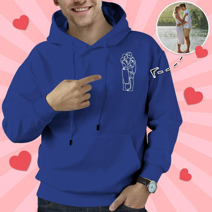 Custom Photo Line Drawing Embroidered Couples Hoodies