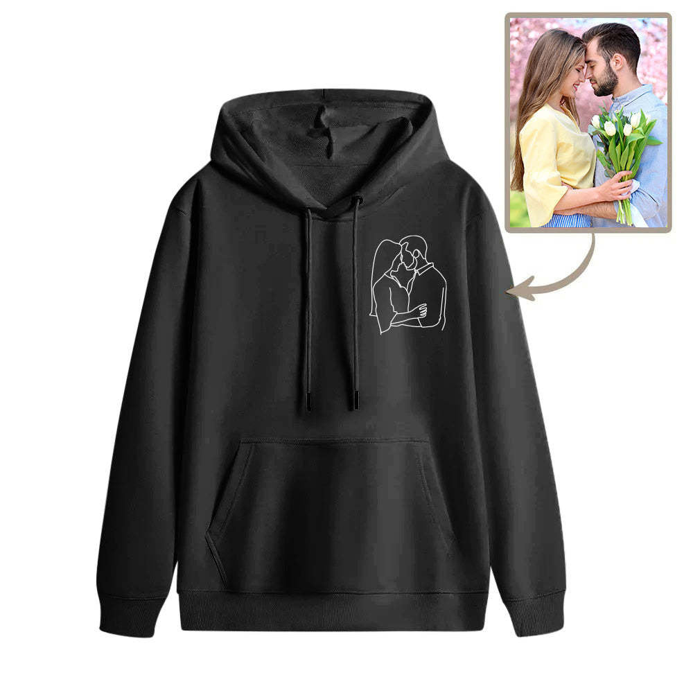 Custom Photo Line Drawing Embroidered Couples Hoodies