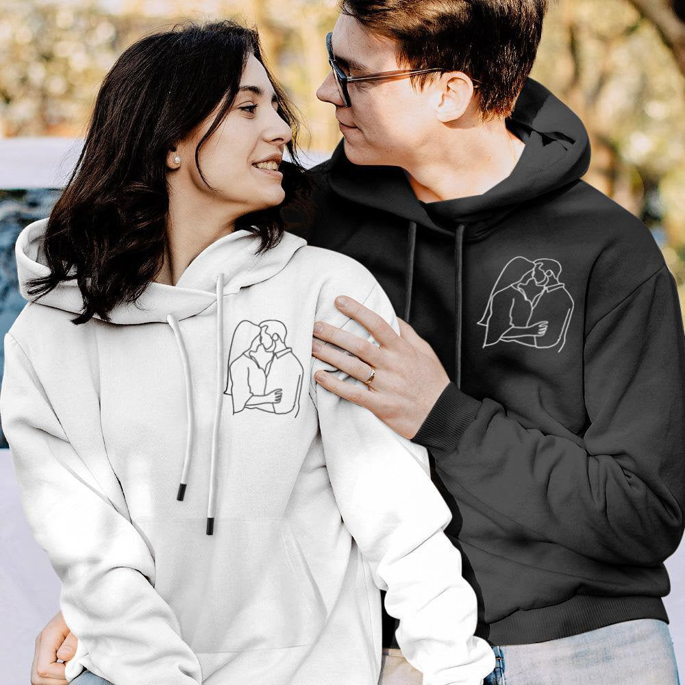 Custom Photo Line Drawing Embroidered Couples Hoodies