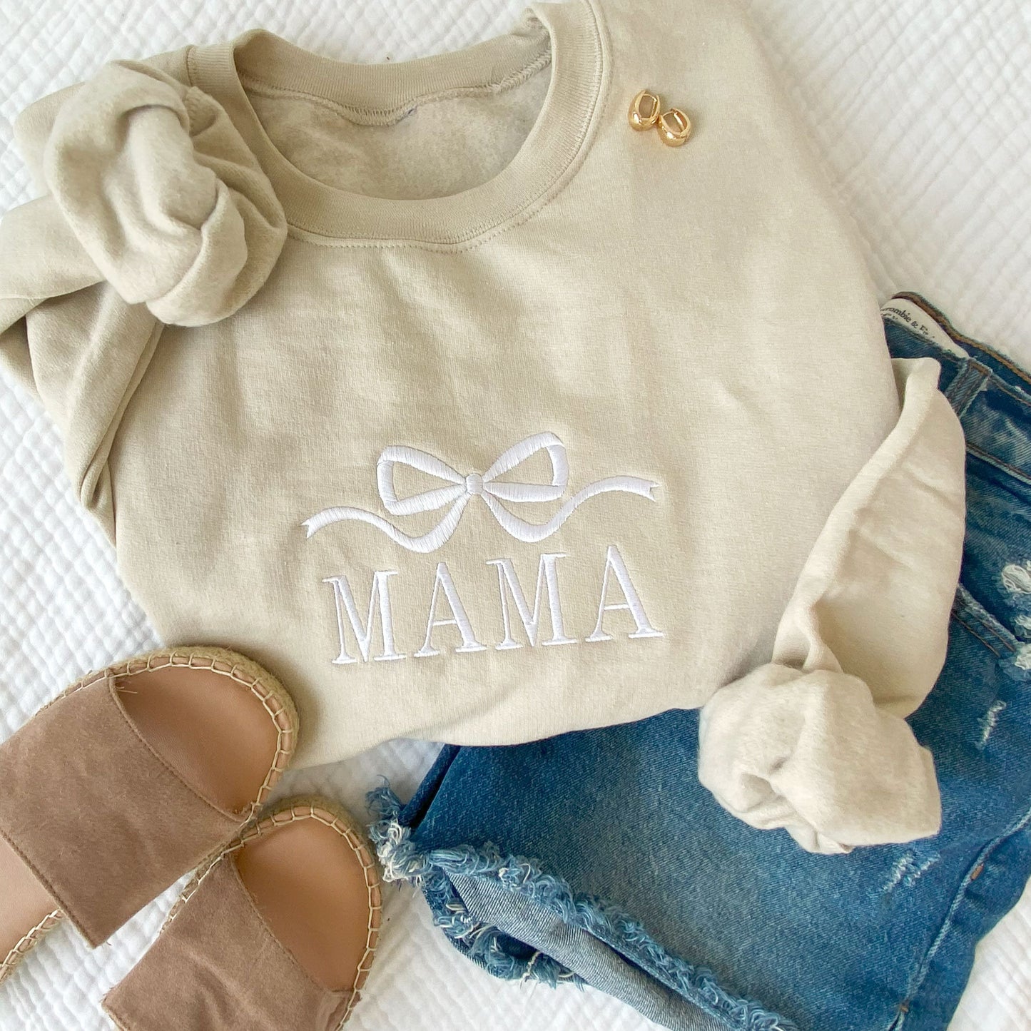 Cute and Trendy Mama Bow Embroidered Gemma Crewneck Sweatshirt