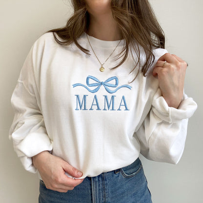 Cute and Trendy Mama Bow Embroidered Gemma Crewneck Sweatshirt