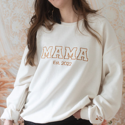 Personalized Mama Embroidered Sweatshirt With Kid Names On Sleeve